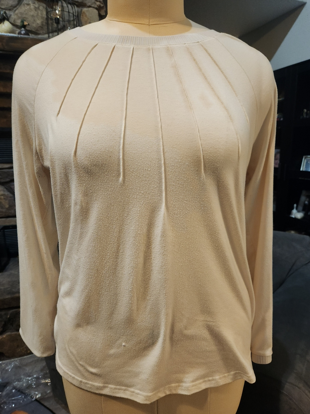 Pleated Front Long-Sleeve Top in Cream